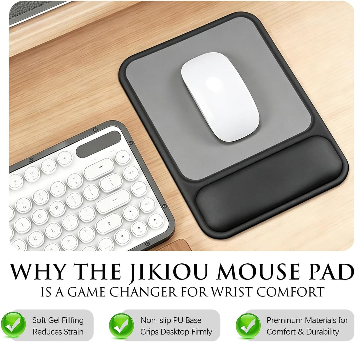JIKIOU Ergonomic Mouse Pad with Gel Wrist Rest, 10 x 7.25 in, Black | 40% Larger Rectangular Design-No More Hitting Edges Mid-glide, Savior of Pain Relief, Smooth Lycra Surface, Non-Slip PU Base
