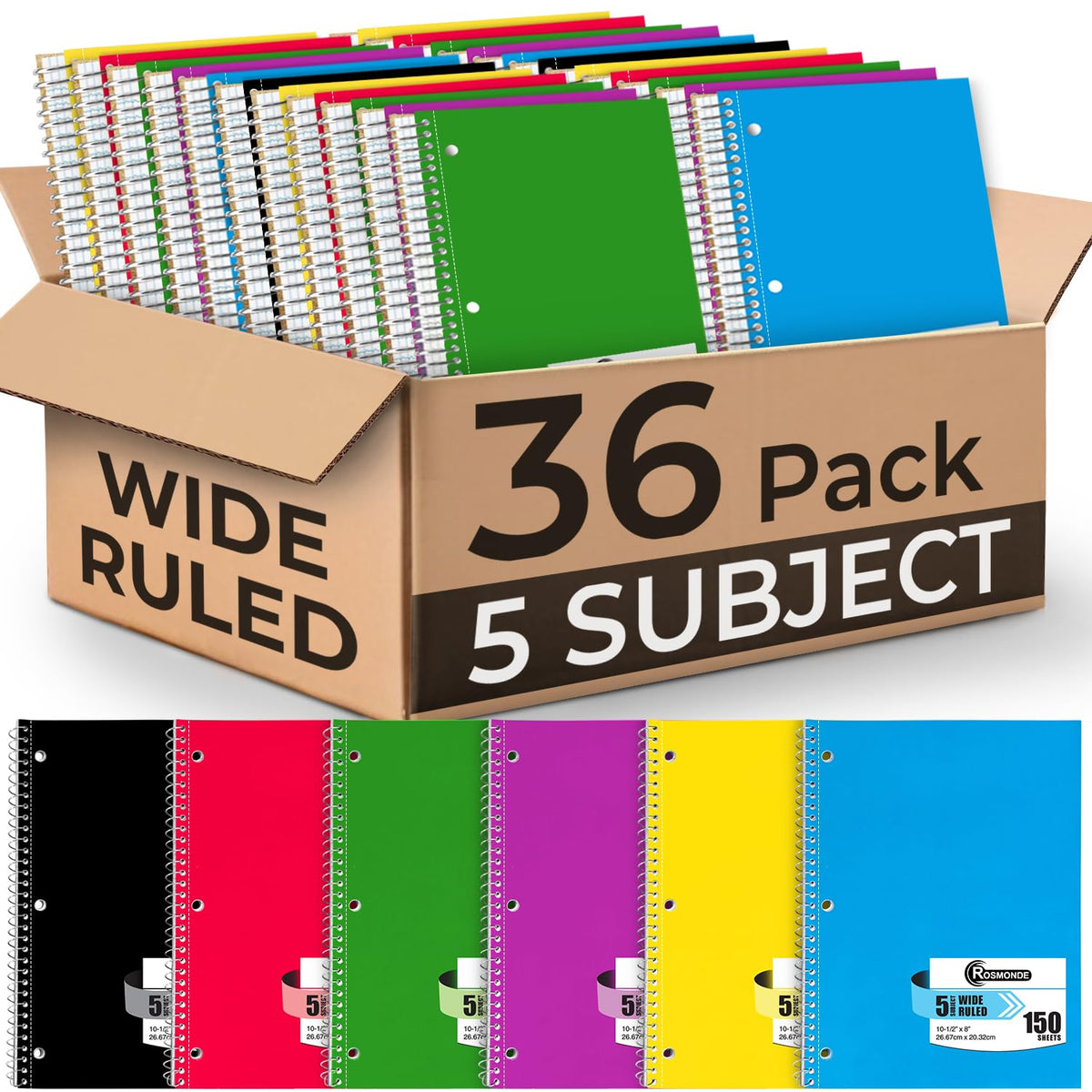1 Subject Spiral Notebook Bulk, 50 Pack, Wide Ruled, Assorted | Bulk Wide Ruled Notebooks, Thick Paper, 140 Pages (70 Sheets), 8 x 10-1/2", 3 Hole Punched, Bulk Subject Notebook For School
