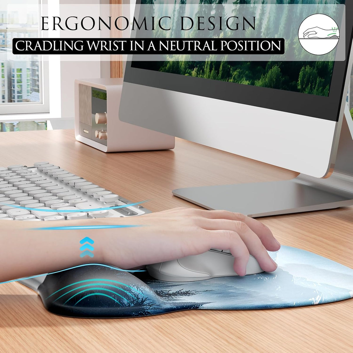 MROCO Ergonomic Mouse Pad with Gel Wrist Rest, 9.4 x 8.1 in, Cloud Forest | Ergonomic Shape Design, Multiple Pattern Options, Gel Wrist Comfort, Smooth Lycra Surface, Non-Slip PU Base