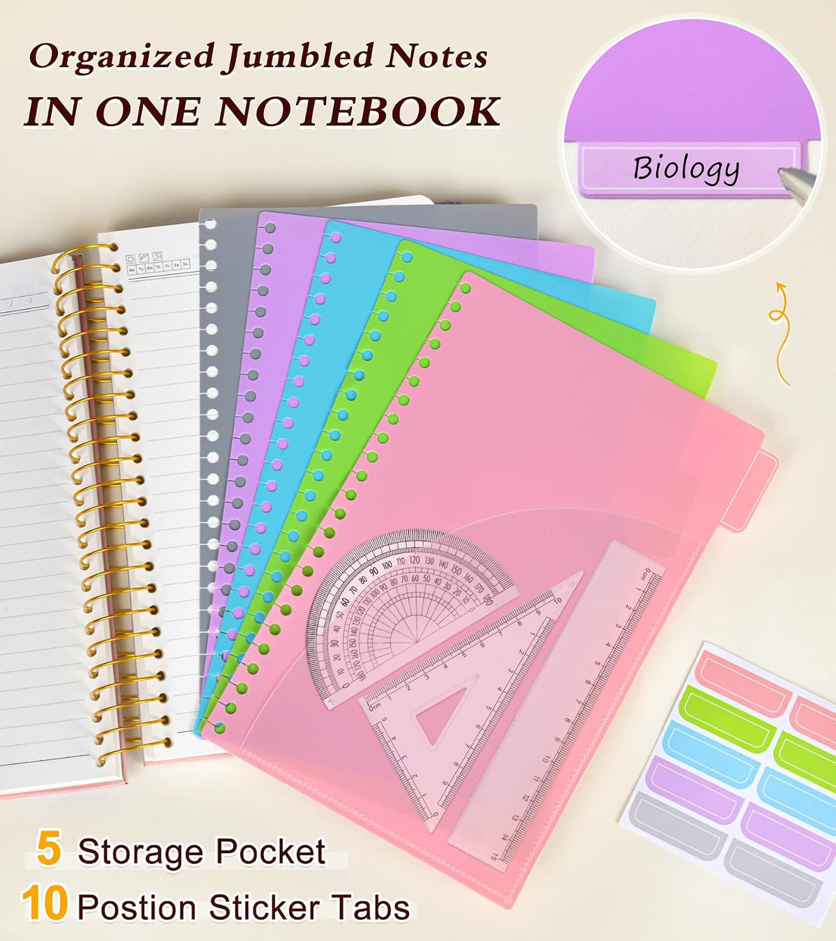 5 Subject Notebook College Ruled 240 Pages, A5(5.8"x8.3") Hardcover Spiral Notebook with Removable Pocket Dividers Tabs, Lined Spiral Journal Notebook for Women, Notebooks for Work School Note taking Pink