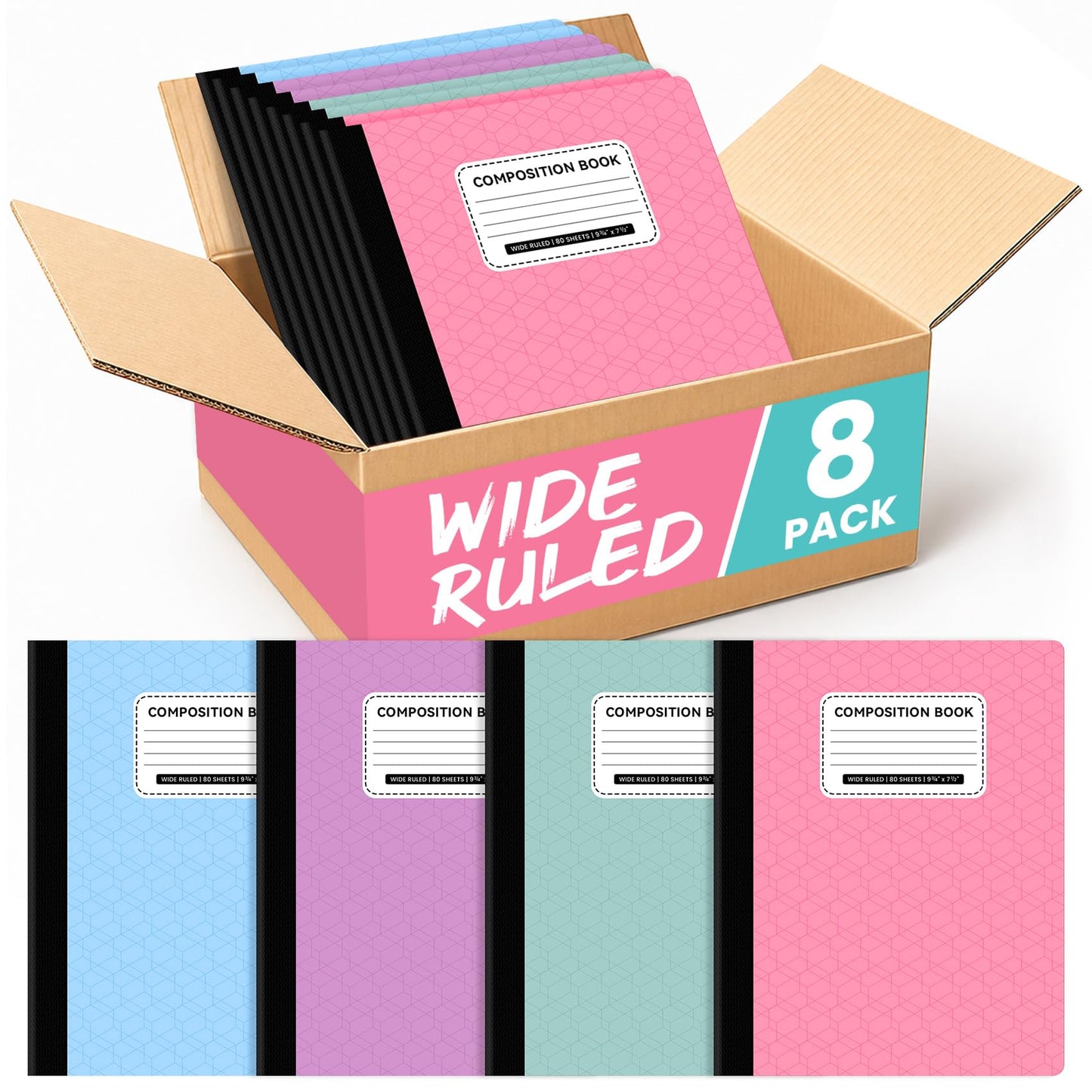 Wide Ruled Composition Notebook 4 Pack School Supplies, 160 Pages | Aesthetic Composition Book, 9-3/4" x 7-1/2", 160 Pages (80 Sheets), Perfect for School Office Supplies, Pastel Colors