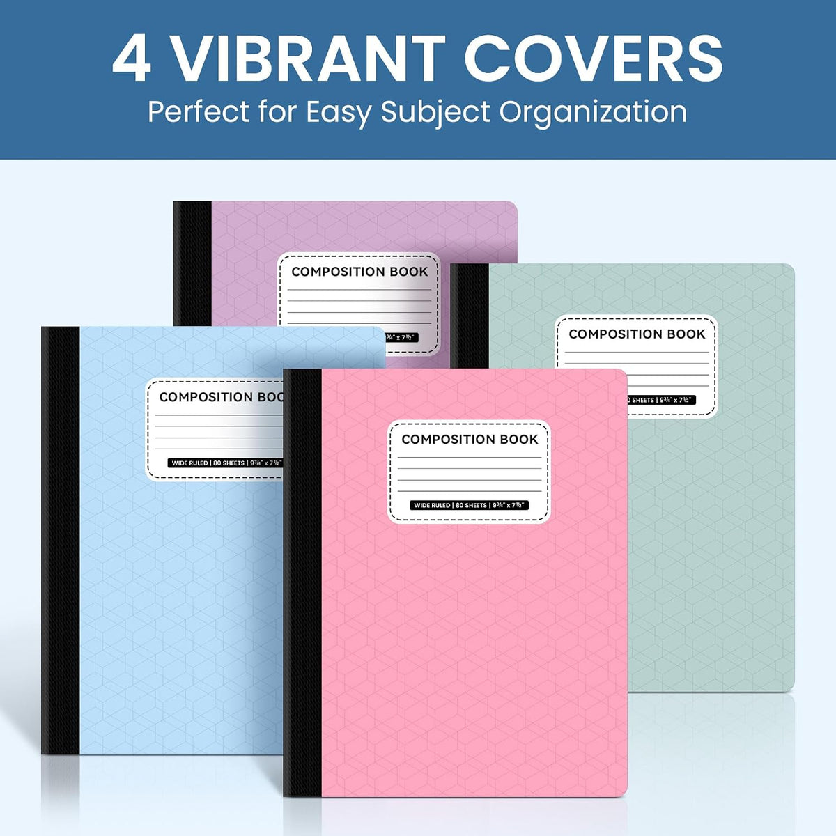 Wide Ruled Composition Notebook 4 Pack School Supplies, 160 Pages | Aesthetic Composition Book, 9-3/4" x 7-1/2", 160 Pages (80 Sheets), Perfect for School Office Supplies, Pastel Colors