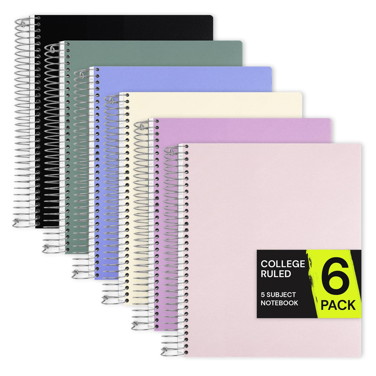 ONAVIA Pink 5 Subject Spiral Notebook College Ruled, 400 Pages | 200 Sheets, 9 x 11 in, 6 Pack Waterproof Plastic Cover, Durable, School Notebooks, Classroom, Teachers