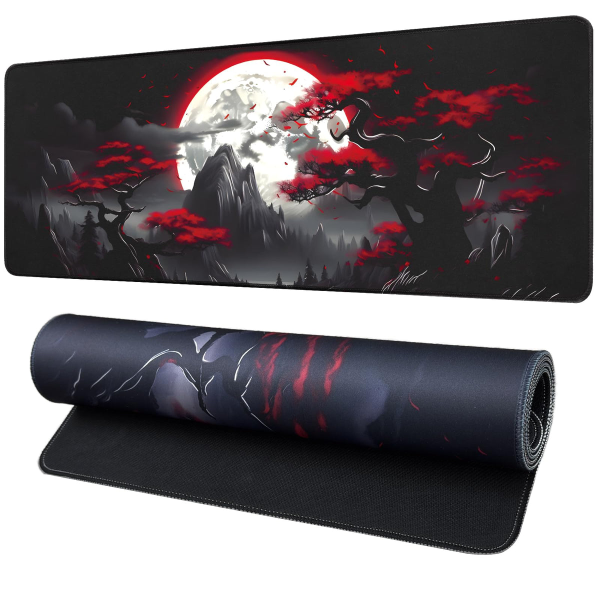 FreeNook Large Gaming Mouse Pad, Anime Black Mousepad with Stitched Edges, Expanded Cool Desk Mat, Japanese Red Moon XL Keyboard Mat Suitable for Home Office,31.5 X 11.8 Inch