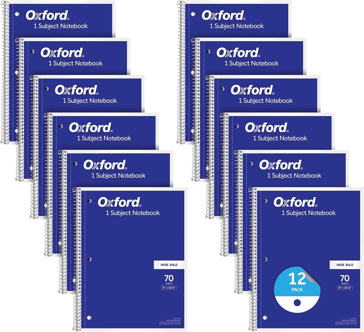 Oxford Spiral Notebook 12 Pack, Bulk College Ruled Spiral Notebooks for School, 1 Subject Journal For School, Wide Ruled Paper, 8 x 10-1/2 Inch, Blue Covers, 70 Perforated Lined Sheets (65218)