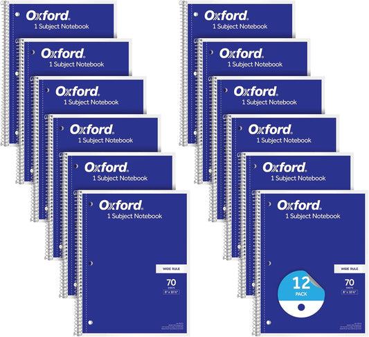 Oxford Spiral Notebook 12 Pack, Bulk College Ruled Spiral Notebooks for School, 1 Subject Journal For School, Wide Ruled Paper, 8 x 10-1/2 Inch, Blue Covers, 70 Perforated Lined Sheets (65218)