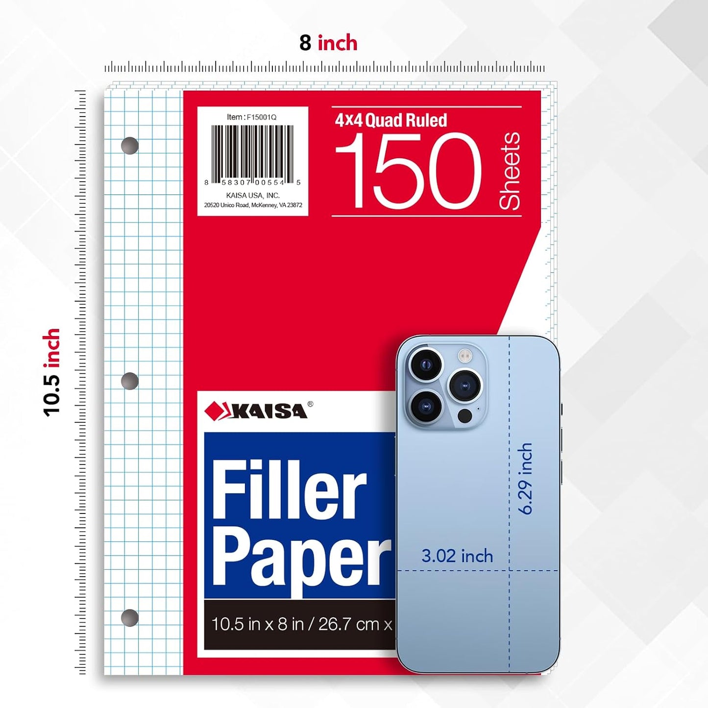 Kaisa Graph Paper Filler Paper USA-Made Bulk Wholesale Available 3 Pack 4x4 Quad Rule 3-Hole Punched Loose Leaf Paper 8x10.5 Filler Paper for 3-Ring Binder, 150 Sheets/Pack