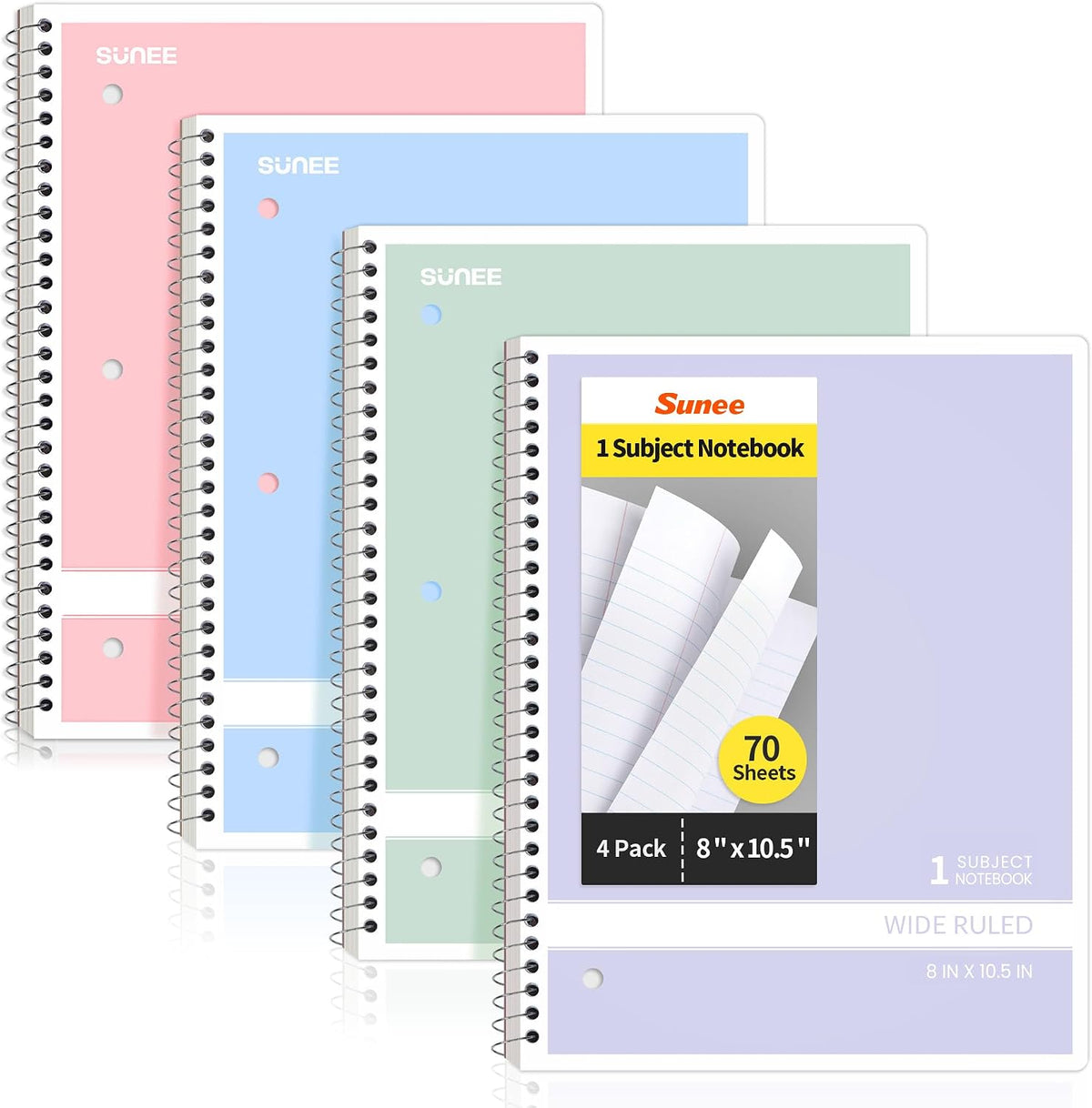SUNEE Spiral Notebooks Wide Ruled, 1-Subject, 4 Pack, 8 x 10-1/2 in, 70 Sheets, 3-Hole Punched 70gsm Paper, Pastel Pink, Purple, Blue, Green for School, Home & Office, Writing Journal