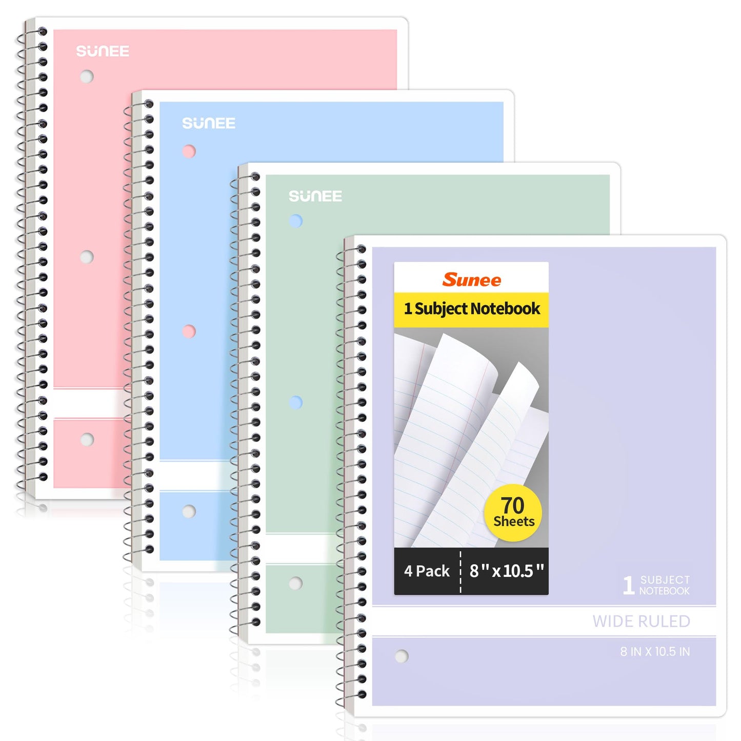 SUNEE Spiral Notebooks Wide Ruled, 1-Subject, 4 Pack, 8 x 10-1/2 in, 70 Sheets, 3-Hole Punched 70gsm Paper, Pastel Pink, Purple, Blue, Green for School, Home & Office, Writing Journal