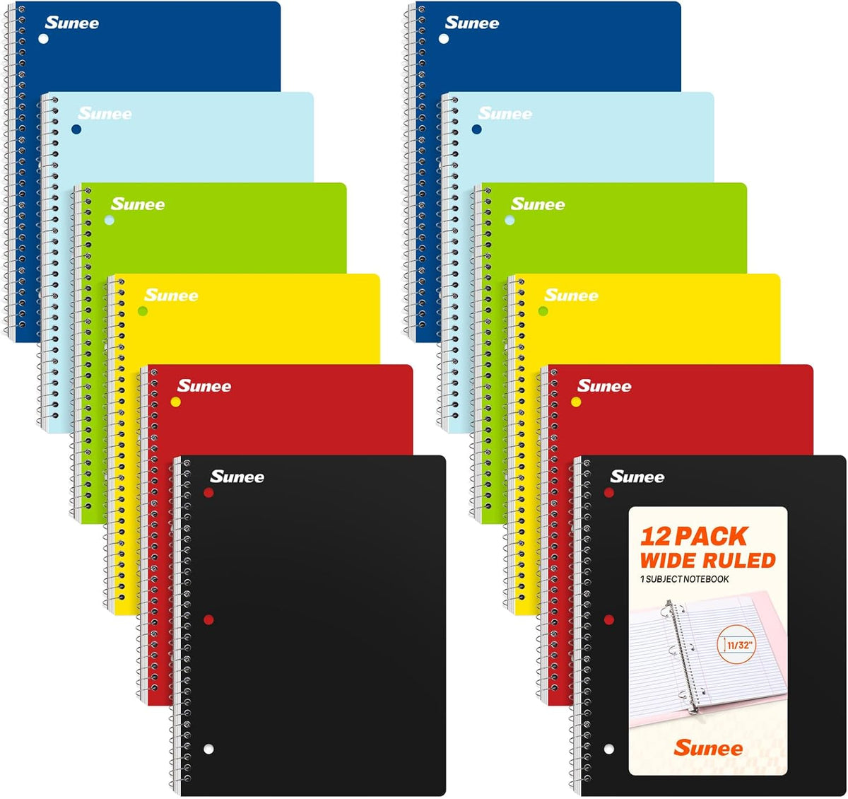 SUNEE Spiral Notebooks, 1-Subject, 12 Pack, Wide Ruled Paper, 8" x 10-1/2", 70 Sheets per Notebook, 3-Hole Punched Paper, Spiral Lined Notebooks for School, Work, Classic Colors