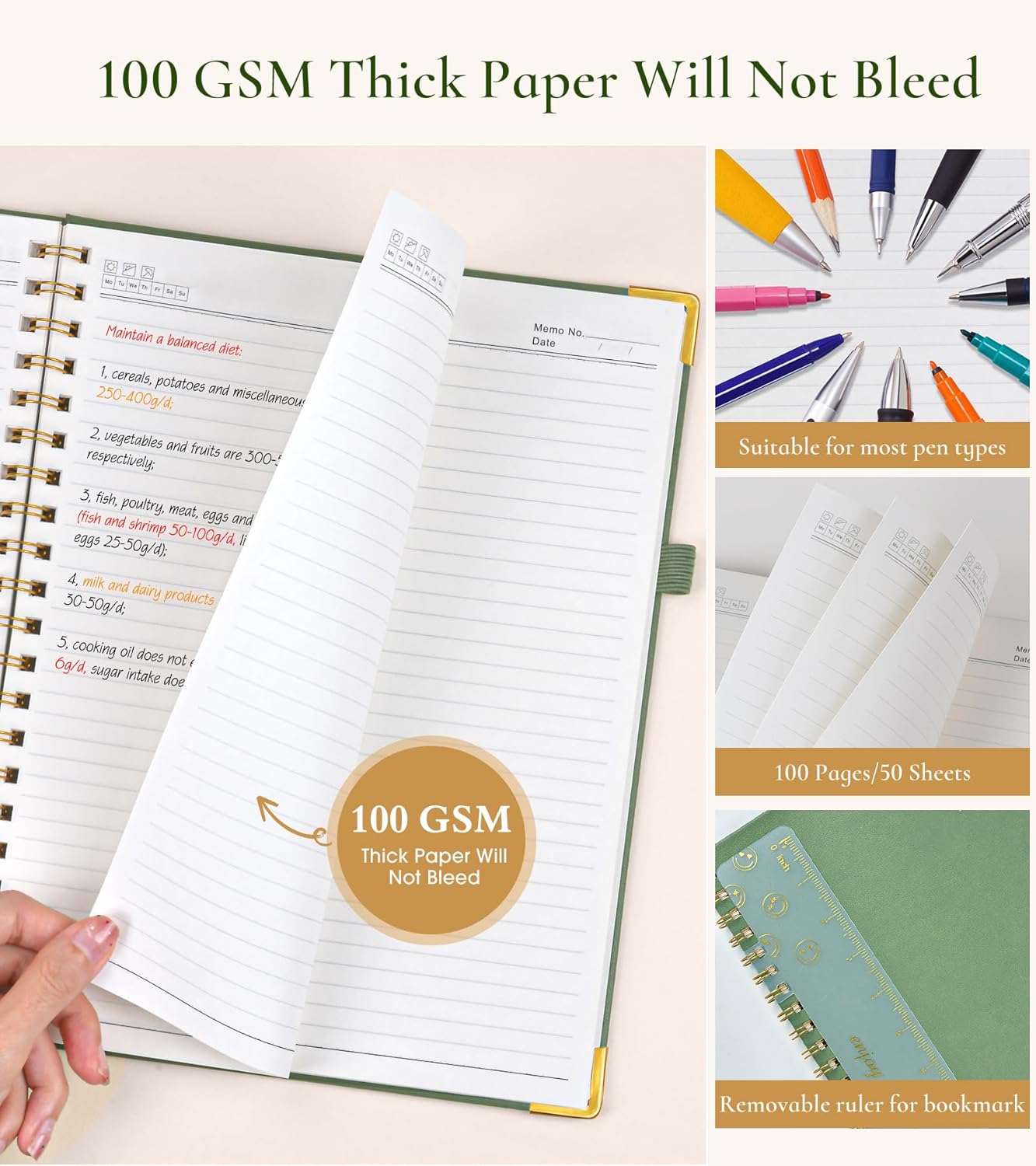 Hardcover Spiral Notebook Journal 8.5” x 11”, A4 Large Leather Notebooks for Women Men, Lined College Ruled Notebook, 50 Sheets/100 Pages, Spiral Bound Journals for Work School Note Taking, Green