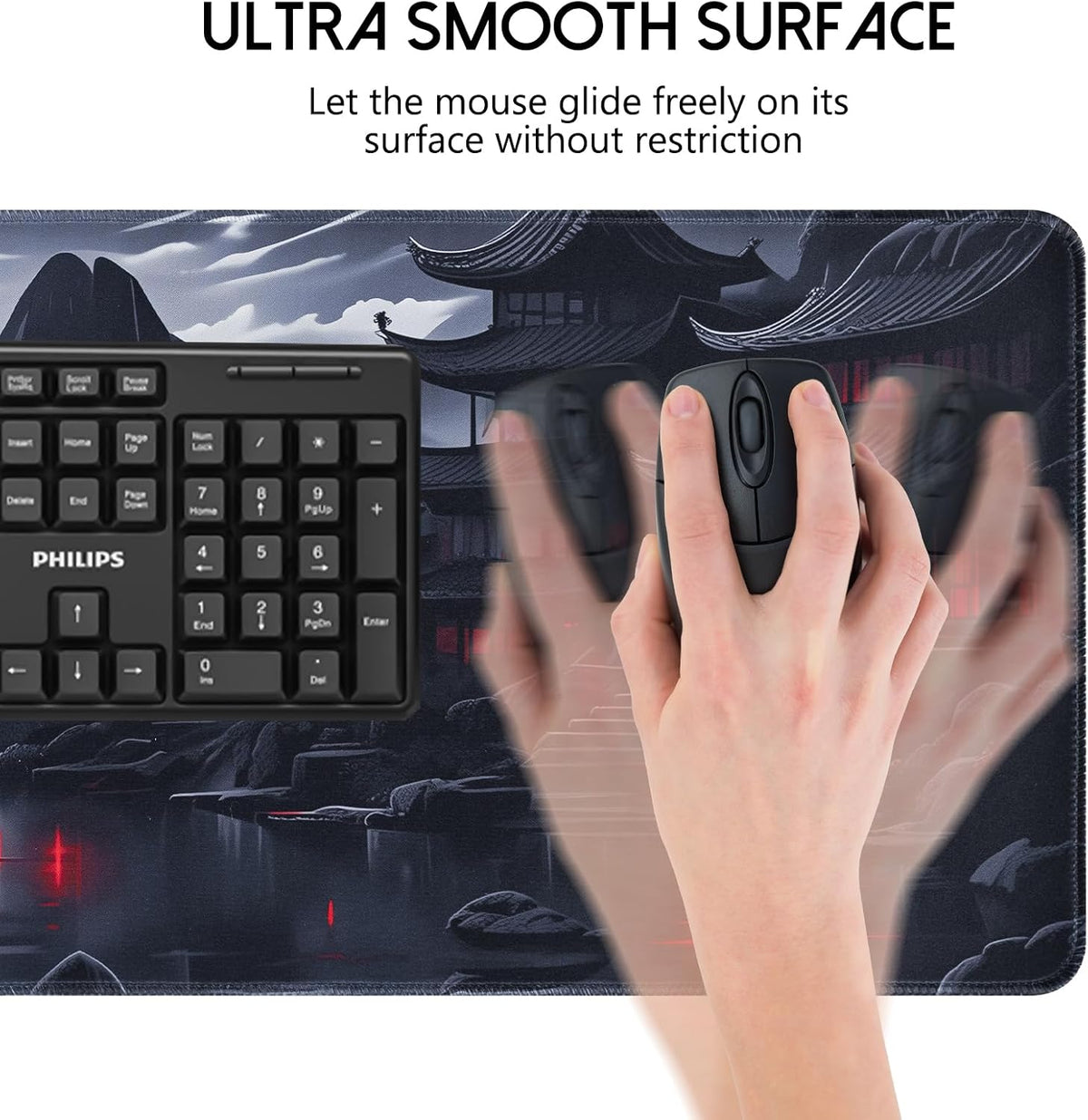 FreeNook Large Gaming Mouse Pad, Anime Black Mousepad with Stitched Edges, Expanded Cool Desk Mat, Japanese Red Moon XL Keyboard Mat Suitable for Home Office,31.5 X 11.8 Inch