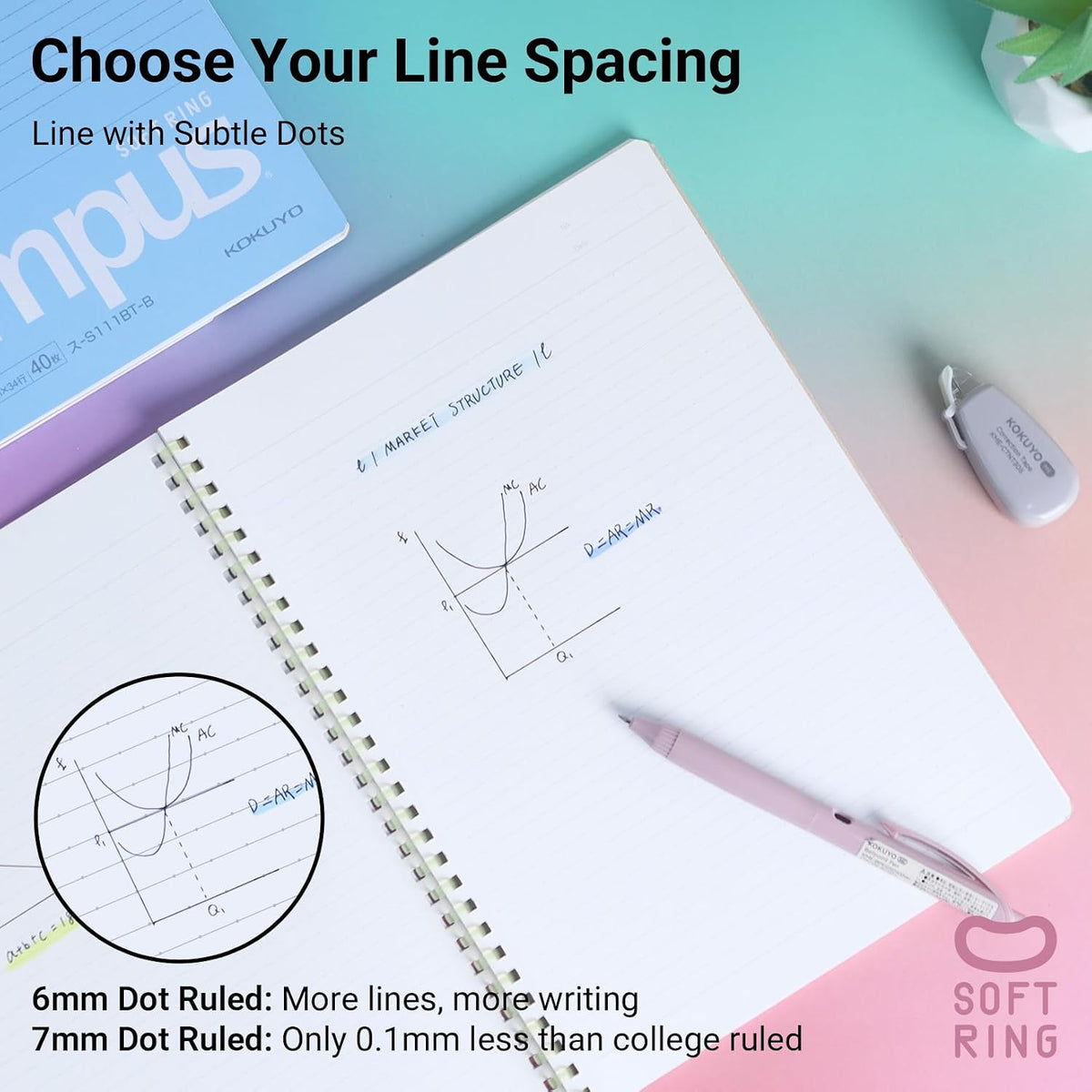 KOKUYO Spiral Lined Notebook, 5 Pack 10'' x 7'' Pastel Journal B5 Campus Soft Ring Notebooks with Dot 6 mm Ruled, 40 Sheets, 1 Subject Notebook, Note Taking for School (SU-S111BT)
