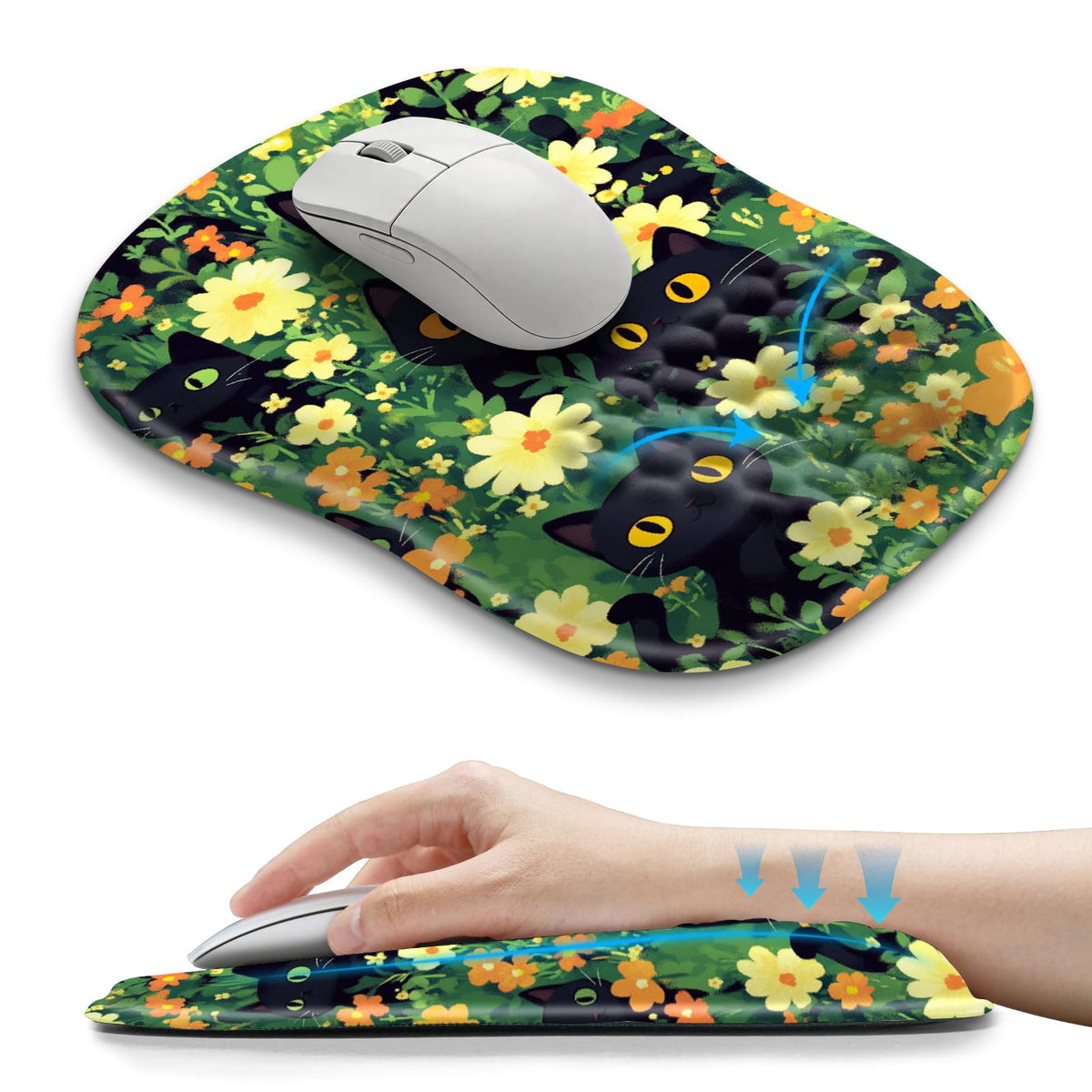 Hokafenle Ergonomic Wrist-hugging Mouse Pad Wrist Support, U-shaped Holding Wrist Rest Mousepad for Carpal Tunnel Pain Relief with Cushioned Memory Foam Slope Massage Bulge (Classic 10.2x8.3 in,Black)