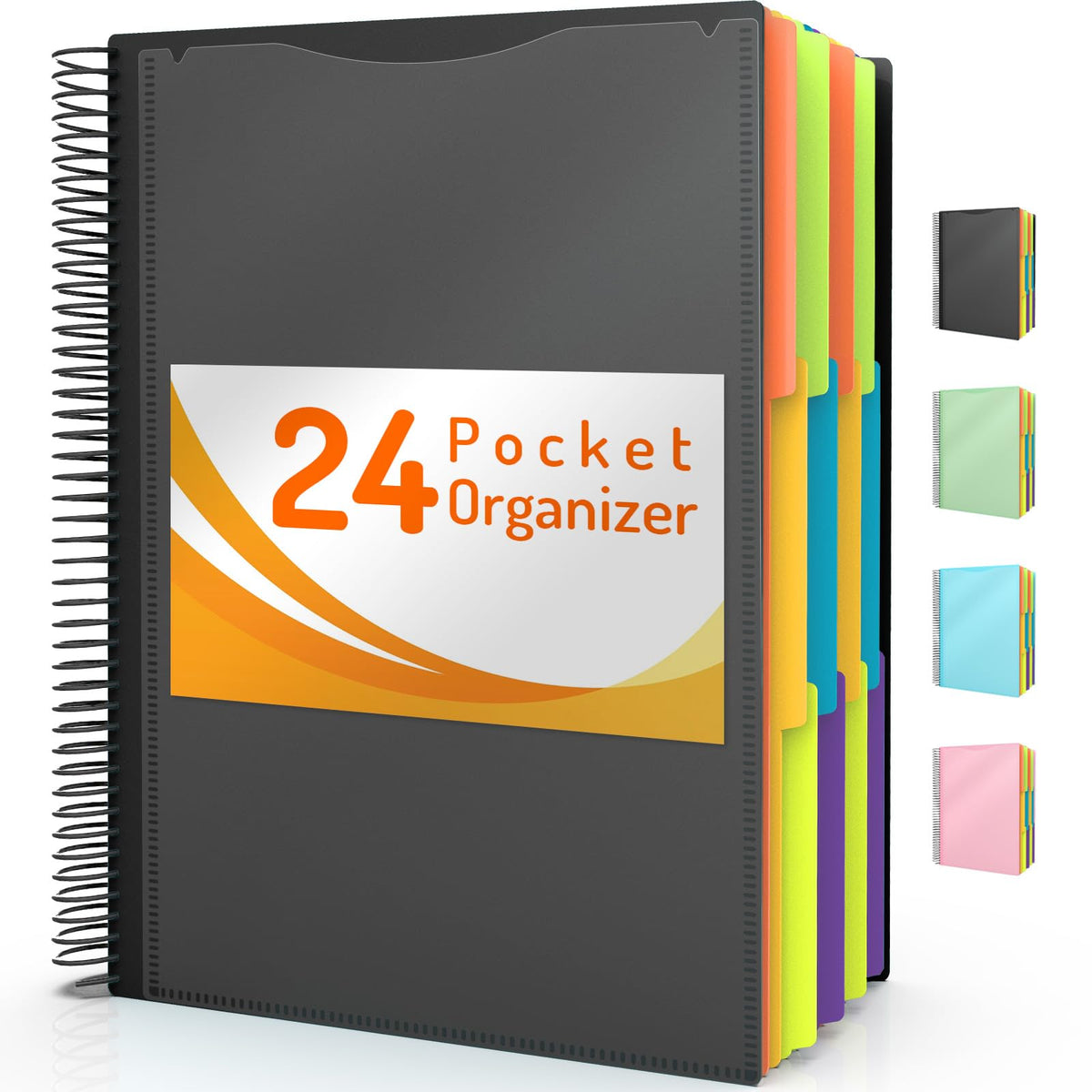 Forvencer 12 Pocket Project Organizer, 1/6-cut Tab Binder Organizer with Sticky Labels, Multi Pocket Folder with Zipper Pouch, Folder Binder Spiral Pocket Notebook, Office Supplies, Letter Size, Black