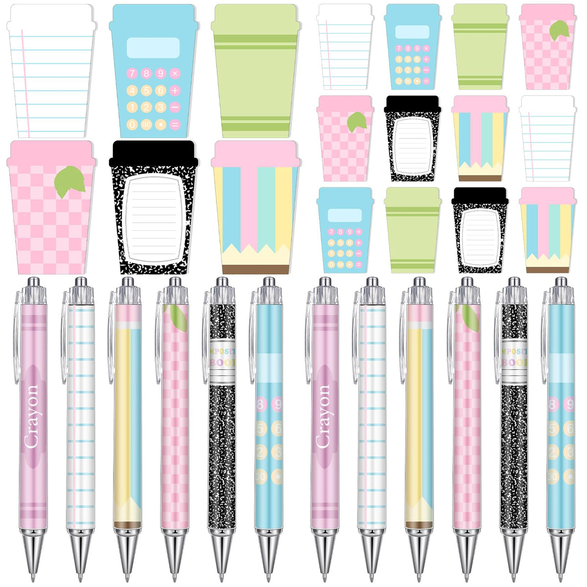 Thenshop 24 Pcs Back to School Teacher Gift Funny Pastel Teacher Sticky Notes Ballpoint Pen Notepad Self Adhesive Writing Thank Welcome to School Gifts for Employee Office Supplies