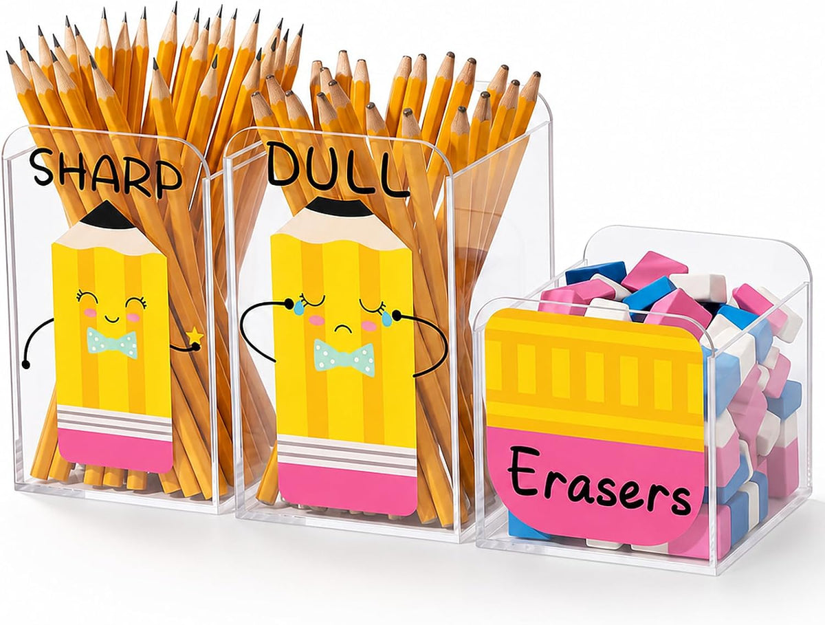 3pcs Acrylic Sharp and Dull Pencil Holder for Classroom, No Assembly Needed | Clear Pencil Dispenser with Eraser Bucket for Elementary School, Teacher Desk Must Haves, Back to School Supplies