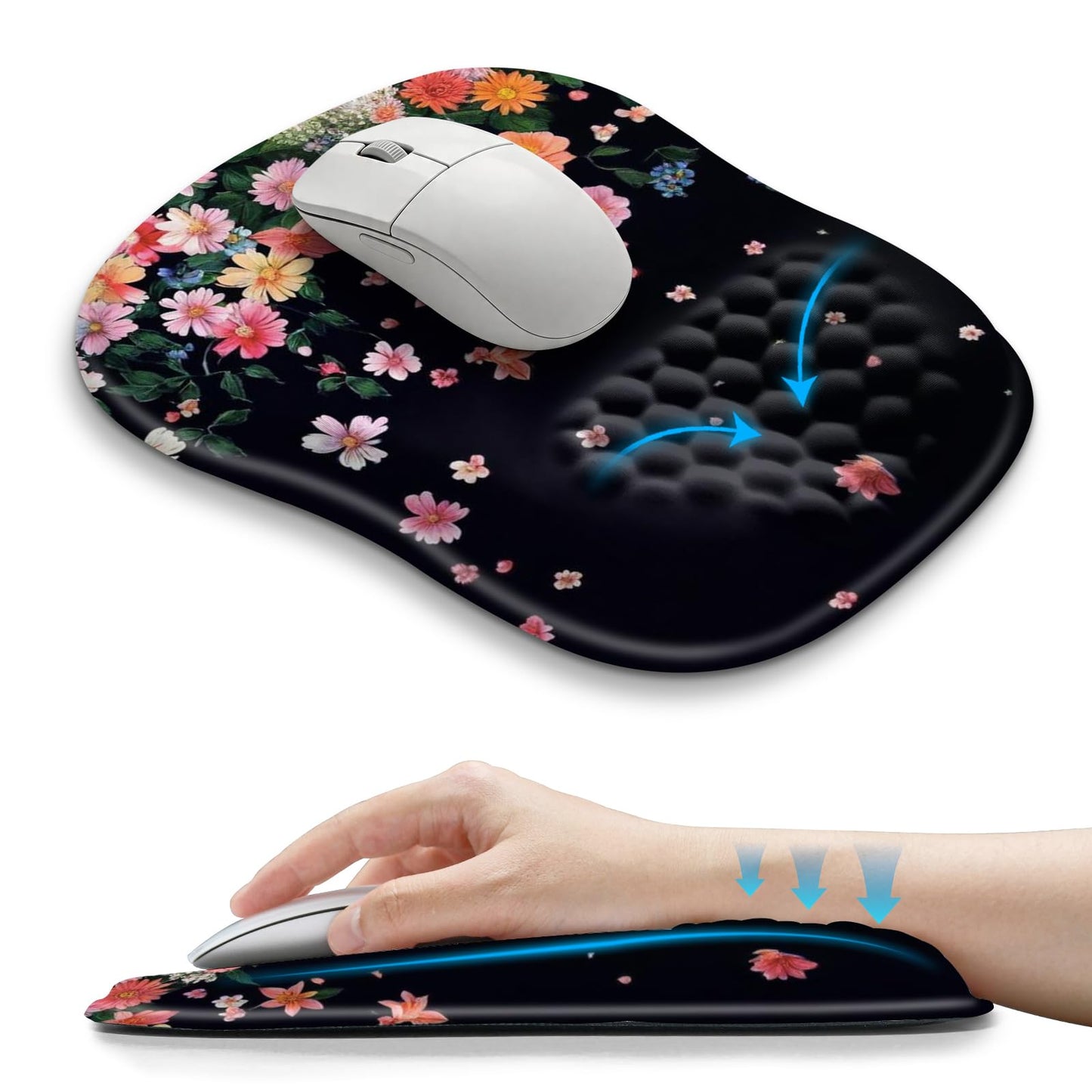 Hokafenle Ergonomic Wrist-hugging Mouse Pad Wrist Support, U-shaped Holding Wrist Rest Mousepad for Carpal Tunnel Pain Relief with Cushioned Memory Foam Slope Massage Bulge (Classic 10.2x8.3 in,Black)