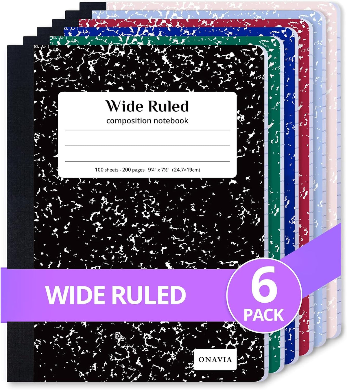 ONAVIA Composition Notebook Wide Ruled 6 Pack, 200 Pages, Assorted | 100 ct, 9.75 x 7.5 in, Wide Ruled Composition Notebook, Durable Comp Book, School Notebooks, Note Taking, Students