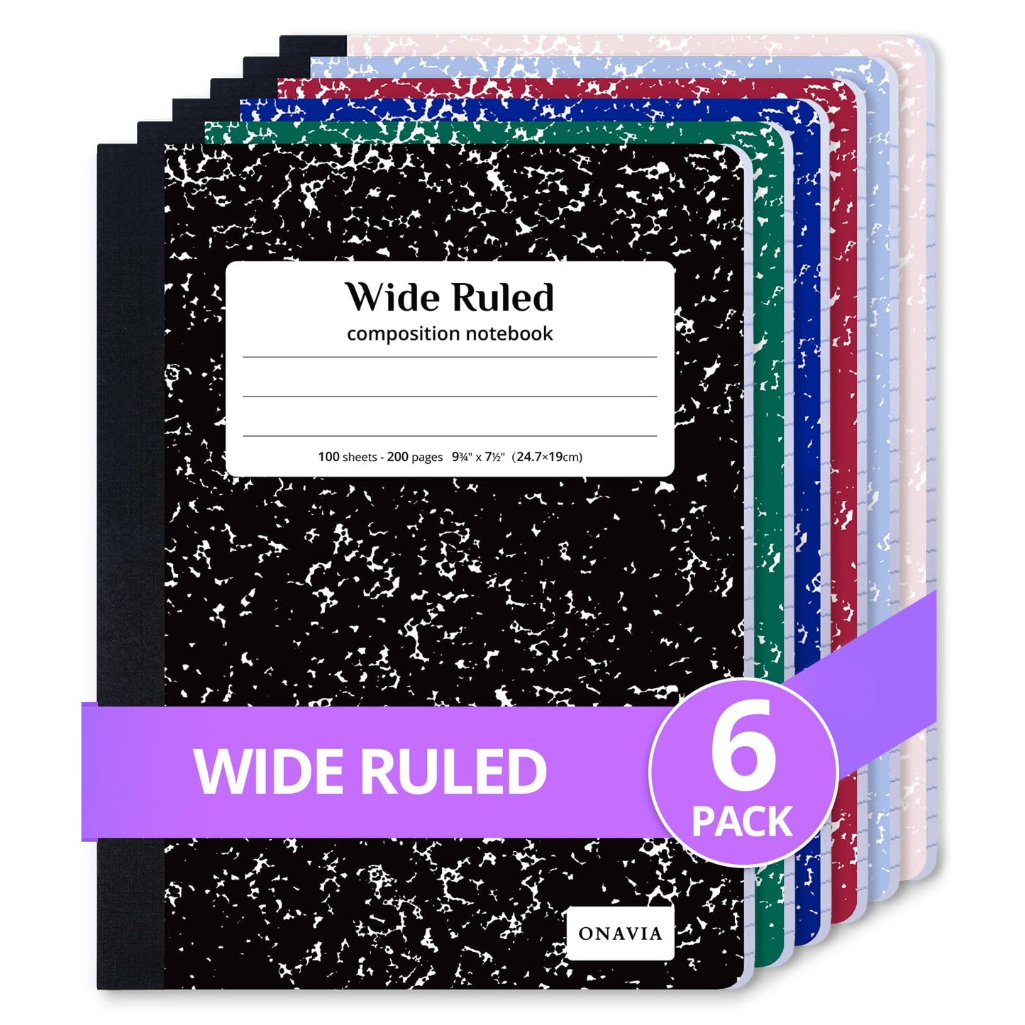 ONAVIA Composition Notebook Wide Ruled 6 Pack, 200 Pages, Assorted | 100 ct, 9.75 x 7.5 in, Wide Ruled Composition Notebook, Durable Comp Book, School Notebooks, Note Taking, Students
