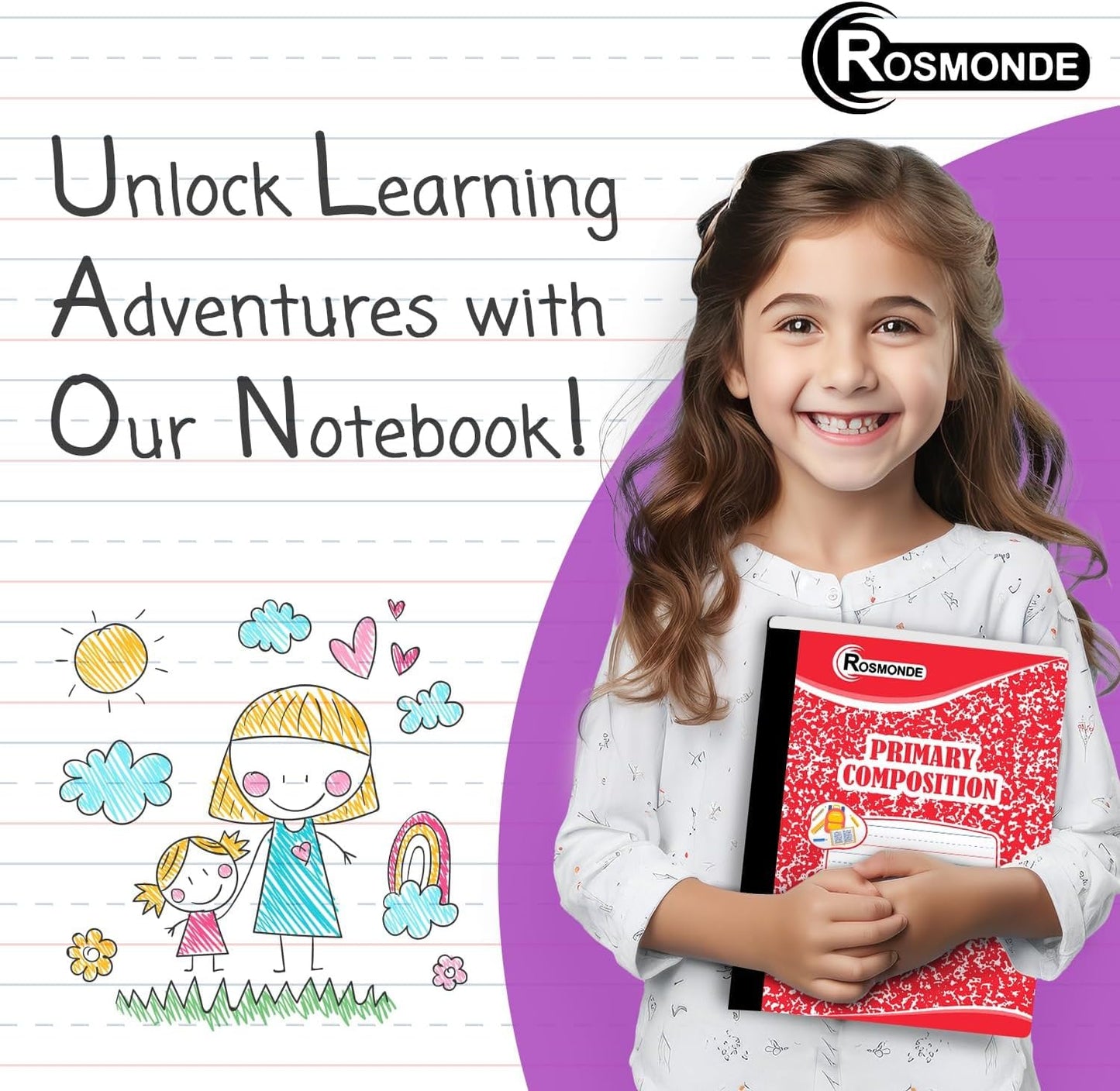 5 Pack Composition Notebooks Primary Ruled, Color Marble Notebooks | Writing Dotted Lined, Grades K-2 Writing Workbook, 200 Pages (100 Sheets), 9-3/4" x 7-1/2", Sewn Binding, Hardcover Notebooks
