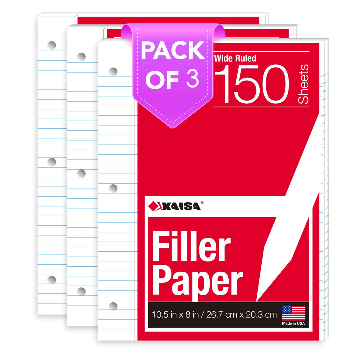 Kaisa Graph Paper Filler Paper USA-Made Bulk Wholesale Available 3 Pack 4x4 Quad Rule 3-Hole Punched Loose Leaf Paper 8x10.5 Filler Paper for 3-Ring Binder, 150 Sheets/Pack