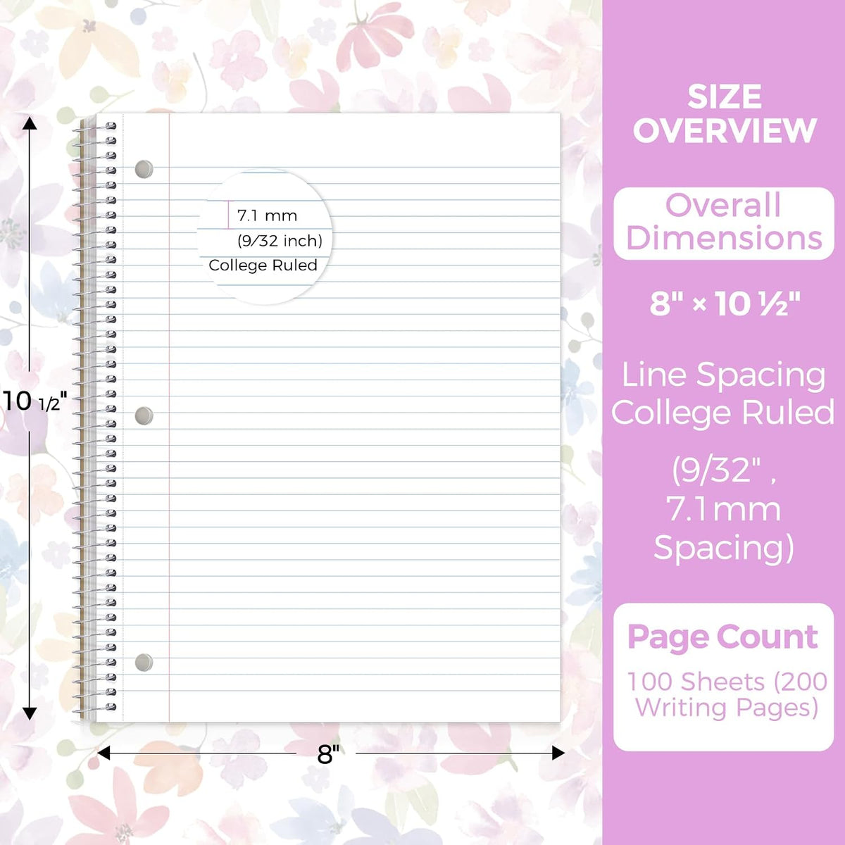 SKYDUE 8"x10.5" Spiral Notebook - College Ruled 100 Sheets, 1 Subject Notebook for School & Office, 3-Hole Punched Paper, Floral Design