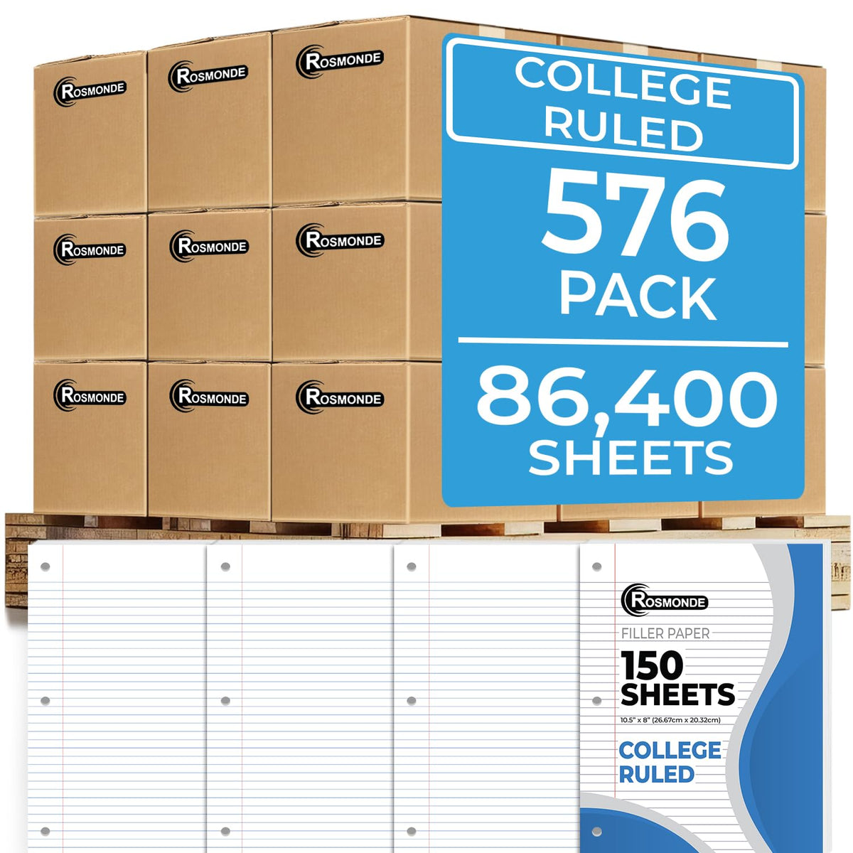 450 Sheets Loose Leaf Paper, 3 Pack, College Ruled Filler Paper | Bulk Office Filler Paper, 8" x 10.5", 3 Hole Punched, 150 Sheets/Pack, College Ruled Notebook Paper for Binder, White