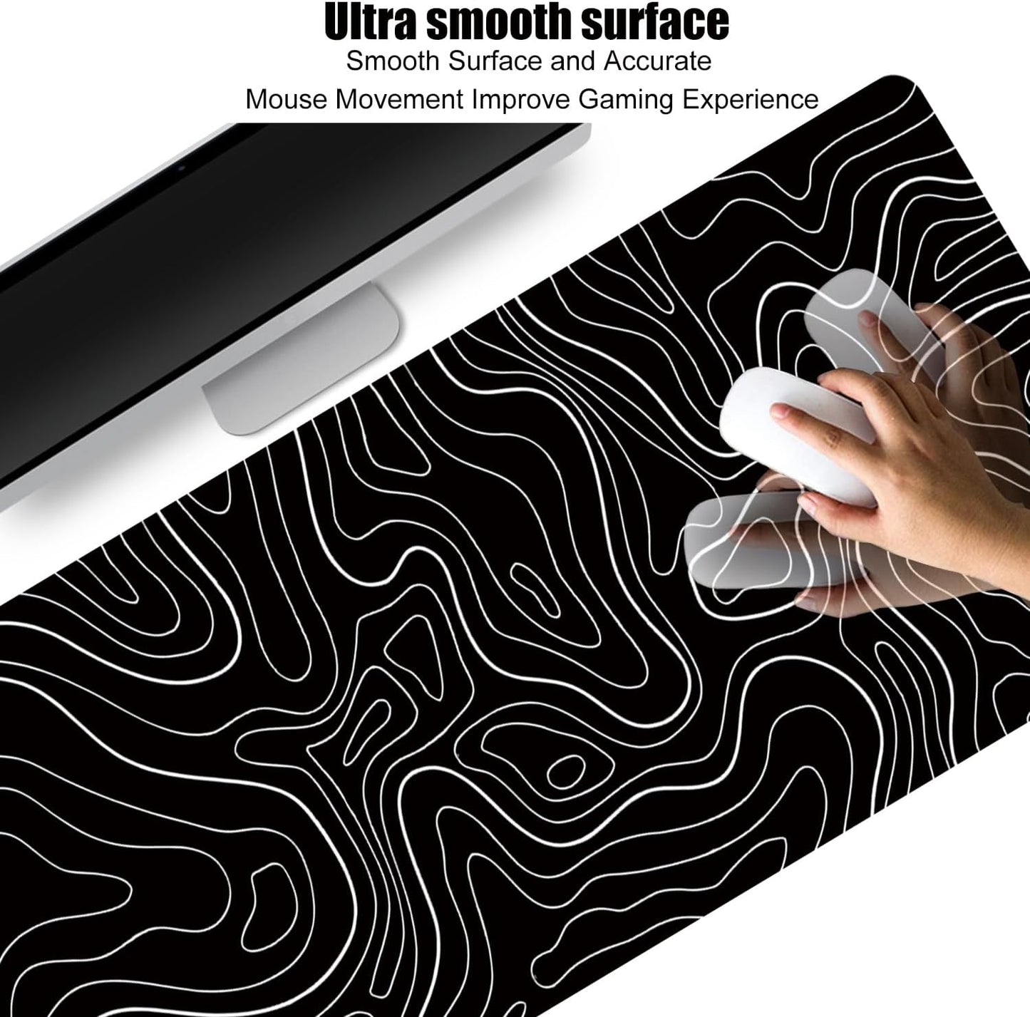 Black Topographic Large Gaming Mouse Pad Extended XXL(900 * 400 * 3MM) Mouse Mat Long Desk Pad with Stitched Edges for Keyboard Home Office Gaming Work Big Desk Mat