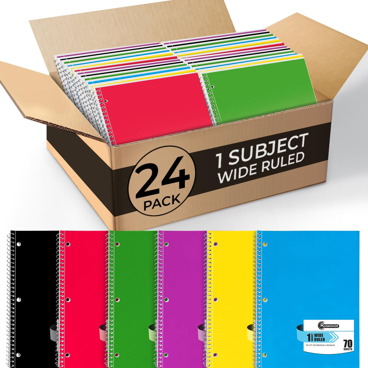 12 Pack Spiral Notebooks, 1 Subject Notebook, Wide Ruled, Assorted | Bulk Wide Ruled Notebooks For School, 70 Sheets (140 Pages), 8 x 10-1/2", 3 Hole Punched, Single Subject Spiral Notebook Bulk