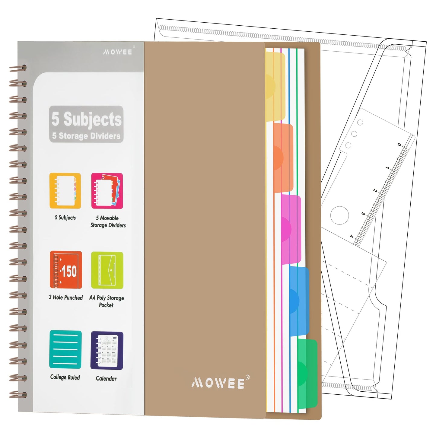 Spiral Notebook - 5 Subject Notebook, College Ruled Notebook With Dividers Pocket, Tabs Label, 11" Ruler, 200 Pages, for Writing Journal, Home & Office, School Supplies, 8.5''x11''Black | 200 Pages, 11" Ruler, 8.5"x11" Black, Pocket Dividers with Tab Labe