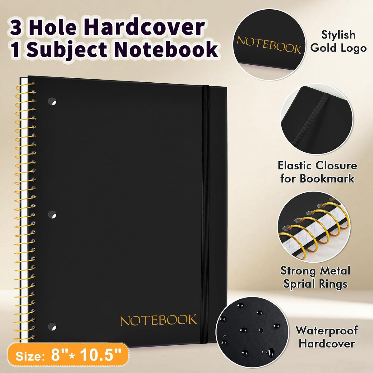 MUAHLIUB Spiral Notebook College Ruled Paper 8" x 10-1/2", 1 Subject Spiral Notebook, 3-Hole Punched Perforated Pages Ideal for School, Office, Writing, 95 Sheets Lined Journaling Notebook, Black