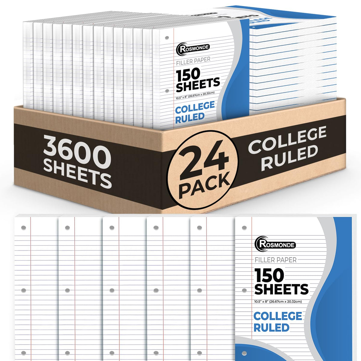 450 Sheets Loose Leaf Paper, 3 Pack, College Ruled Filler Paper | Bulk Office Filler Paper, 8" x 10.5", 3 Hole Punched, 150 Sheets/Pack, College Ruled Notebook Paper for Binder, White