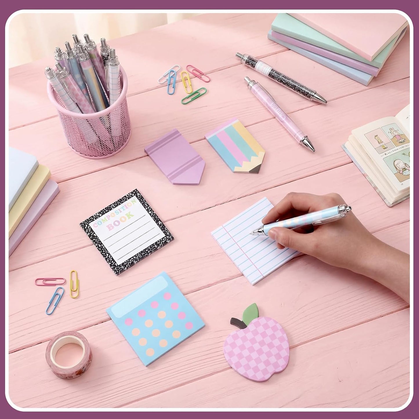 Thenshop 24 Pcs Back to School Teacher Gift Funny Pastel Teacher Sticky Notes Ballpoint Pen Notepad Self Adhesive Writing Thank Welcome to School Gifts for Employee Office Supplies