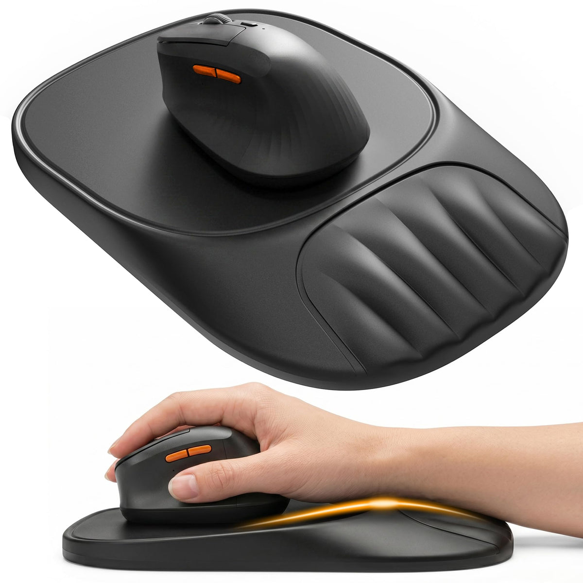 Ergonomic Mouse Pad with Wrist Rest, Sloped Memory Foam Mousepad with Wrist Support, Cooling Channels, Non-Slip Base, Smooth Lycra Surface for Office, Gaming & Home Desk (Black)
