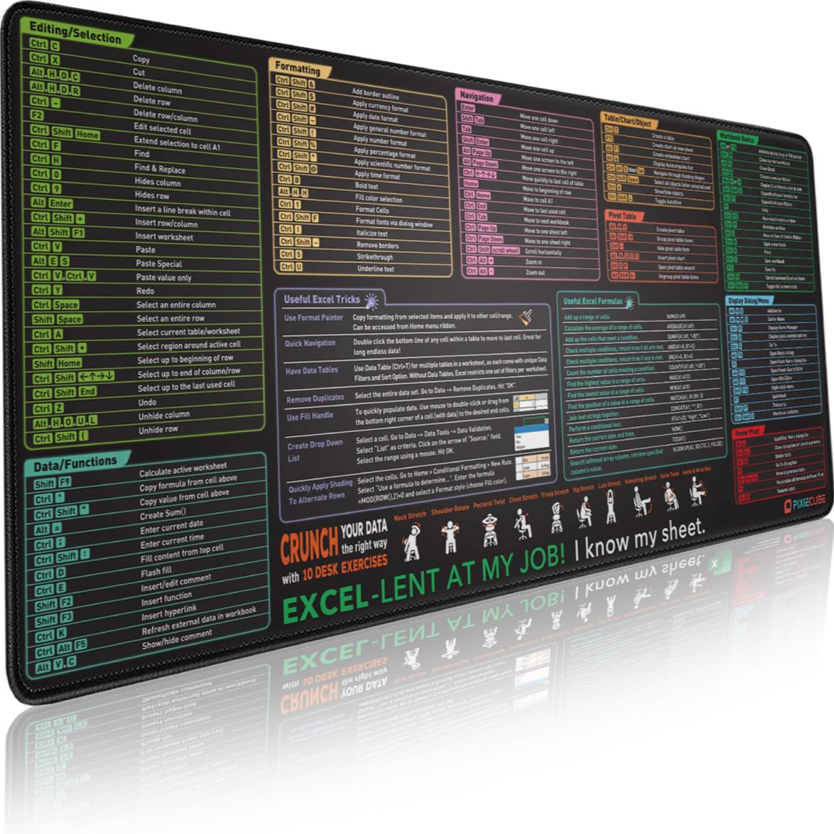 Pixiecube Excel Cheat Sheet Desk Pad | Excel Shortcut Keys Mouse Pad | Extended Large XL Gaming Mousepad | PC Office Spreadsheet Keyboard Mat | Non-Slip Stitched Edge