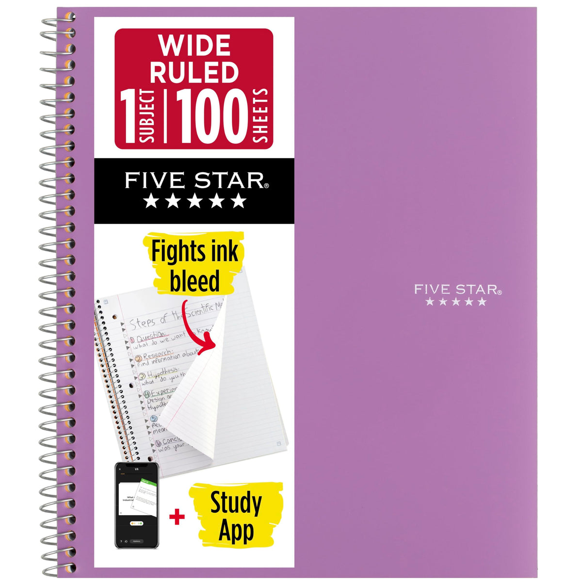 Five Star Spiral Notebook + Study App, 1 Subject, Wide Ruled Paper, 8" x 10.5", 100 Sheets, Fights Ink Bleed, Water Resistant Cover, Vivid Yellow (930010CJ1)