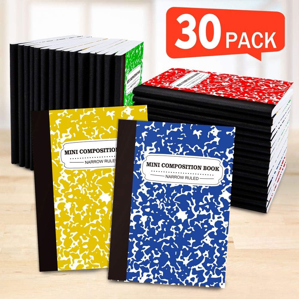 feela Composition Notebook, Mini Sized 30 Pack 5 Colors Narrow Ruled Mini Composition Books Bulk, Small Pocket Marble Cute Journal Notebooks for Kids School Home Office, Pocket Sized 4.5 x 3.25 in