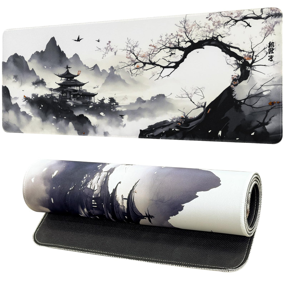 FreeNook Large Gaming Mouse Pad, Anime Black Mousepad with Stitched Edges, Expanded Cool Desk Mat, Japanese Red Moon XL Keyboard Mat Suitable for Home Office,31.5 X 11.8 Inch