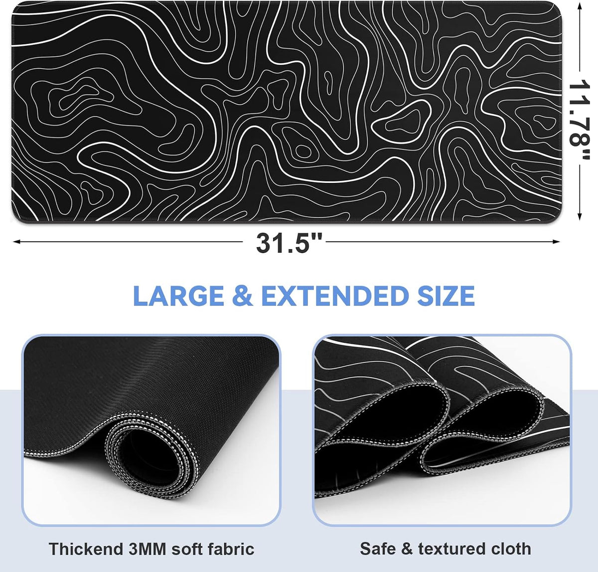 DIGSOM Gaming Mouse Pad, Black with White Topographic Line, 31.5x11.8in | XL Mouse mat, Smooth surface, Anti-slip rubber base, For keyboard and mouse, For home and office use