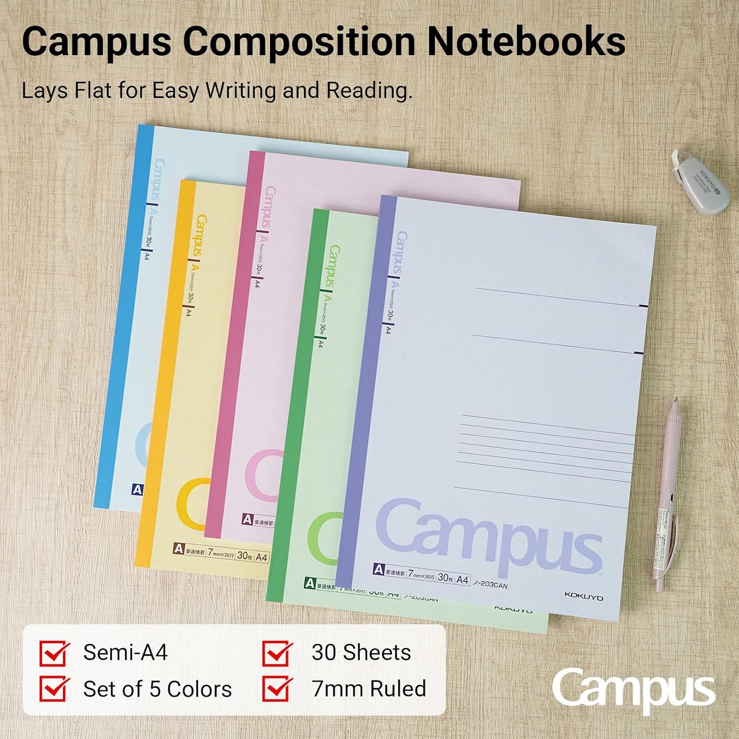 KOKUYO Composition Notebooks, 5 Pack Campus A4 Comp Book with A 7mm Ruled, 30 Sheets, Classic School Lined Notebook, Journal Notebook for Women Work Study Note Taking (NO-203CAX5)