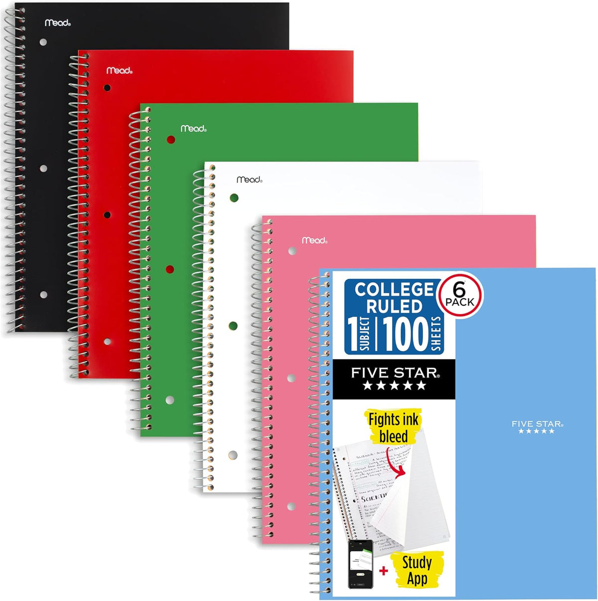 Five Star Spiral Notebook + Study App, 1 Subject, College Ruled Paper, 8.5" x 11", 100 Sheets, Assorted Colors, 6 Pack (38052)