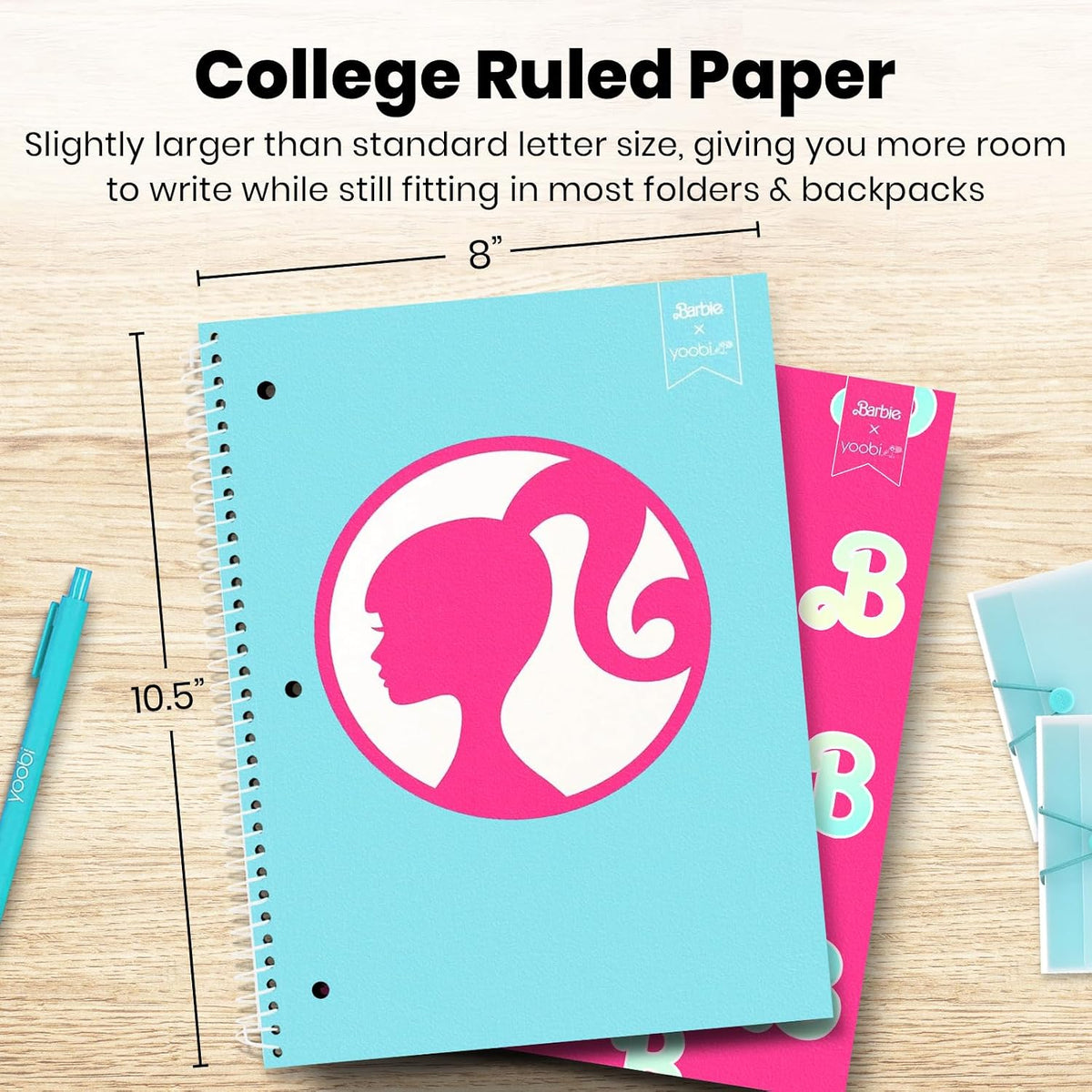 Yoobi x Barbie College Ruled Spiral Notebooks, 3-Pack, 100 Sheets | 3-Hole Punched Sheets, Perforated Pages, 100–150 Sheets, Multi-Pack (3-Pack or 6-Pack), Fun Prints & Designs