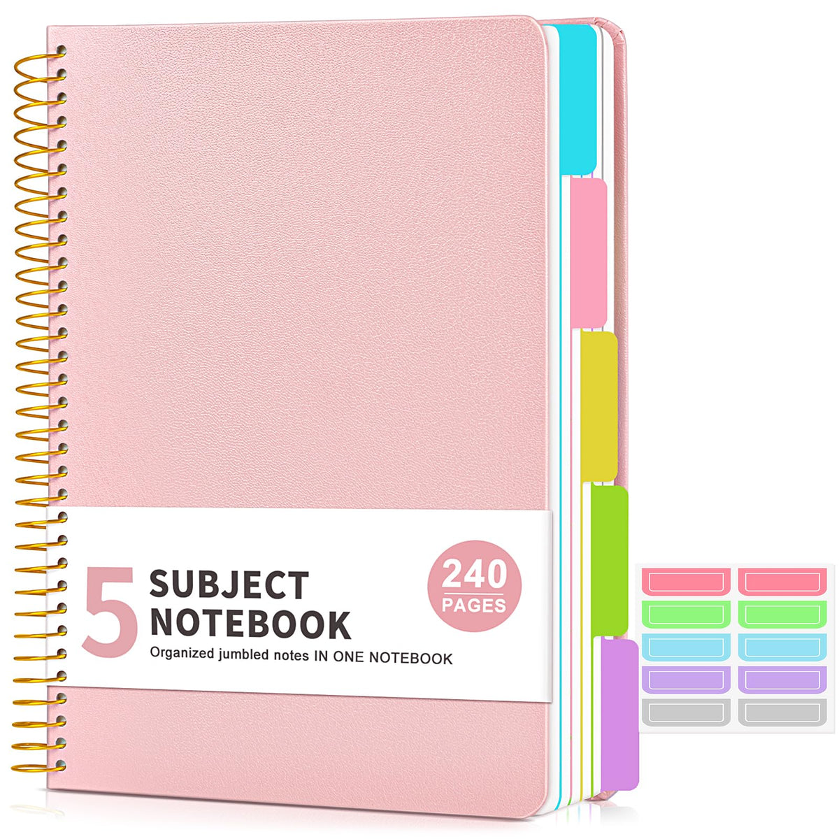 5 Subject Notebook College Ruled 240 Pages, A5(5.8"x8.3") Hardcover Spiral Notebook with Removable Pocket Dividers Tabs, Lined Spiral Journal Notebook for Women, Notebooks for Work School Note taking Pink