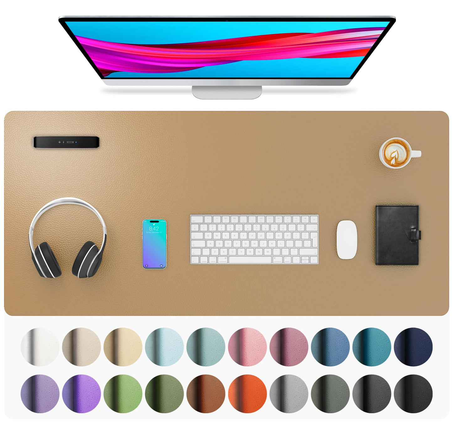 Aothia Non-Slip Waterproof PU Leather Desk Pad Protector for Mouse, Writing Desk, Office, Home, Laptop Blotter, 23.6" x 13.7", Black