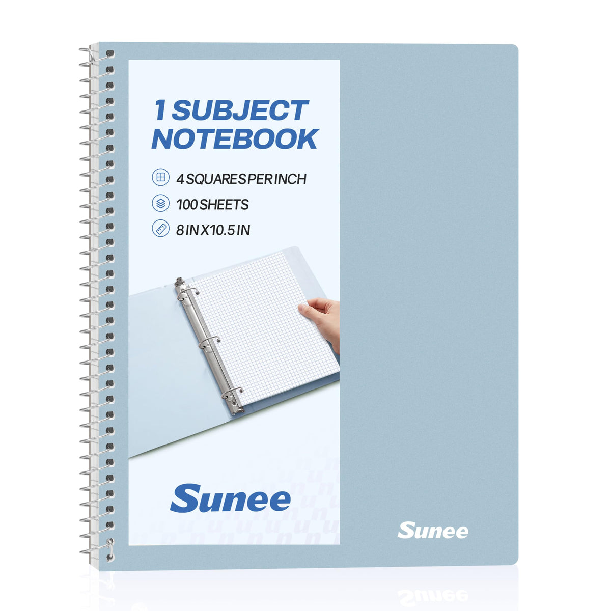 SUNEE Spiral Notebook, 1-Subject, Graph Ruled Paper, 8" x 10-1/2", 100 Sheets per Notebook, 3-Hole Punched Paper, Water Resistant Cover, Spiral Grid Notebooks for Work, Home, School, Writing, Pink