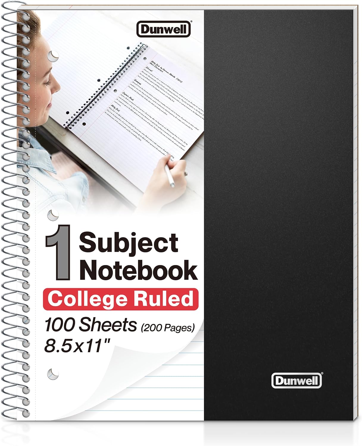 Dunwell 1-Subject College Ruled Spiral Notebook 8.5x11, 100 Sheets, Black | Plastic Cover, Pocket Divider, 3-Hole Punched, Perforated Pages, Fits 8.5x11 Paper