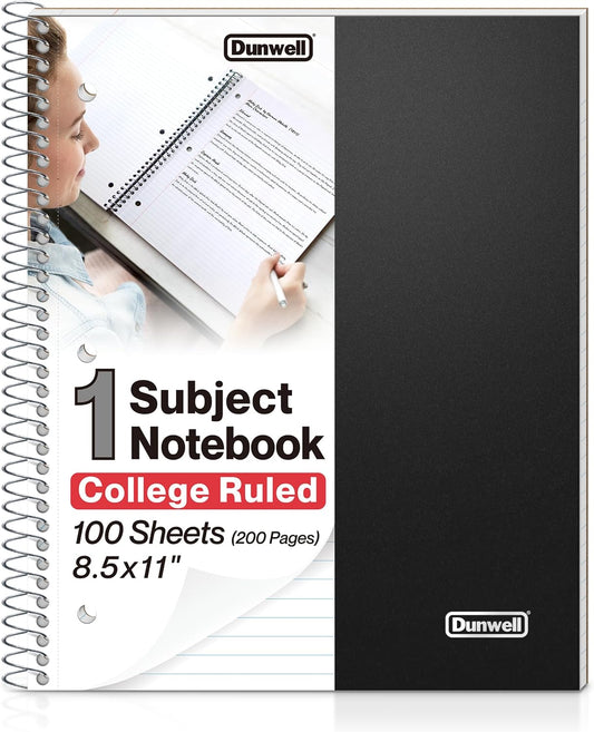 Dunwell 1-Subject College Ruled Spiral Notebook 8.5x11, 100 Sheets, Black | Plastic Cover, Pocket Divider, 3-Hole Punched, Perforated Pages, Fits 8.5x11 Paper