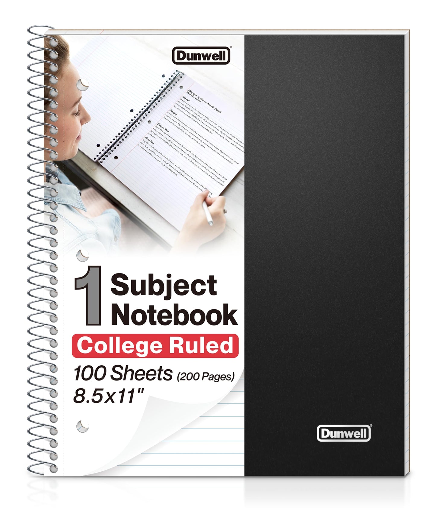 Dunwell 1-Subject College Ruled Spiral Notebook 8.5x11, 100 Sheets, Black | Plastic Cover, Pocket Divider, 3-Hole Punched, Perforated Pages, Fits 8.5x11 Paper
