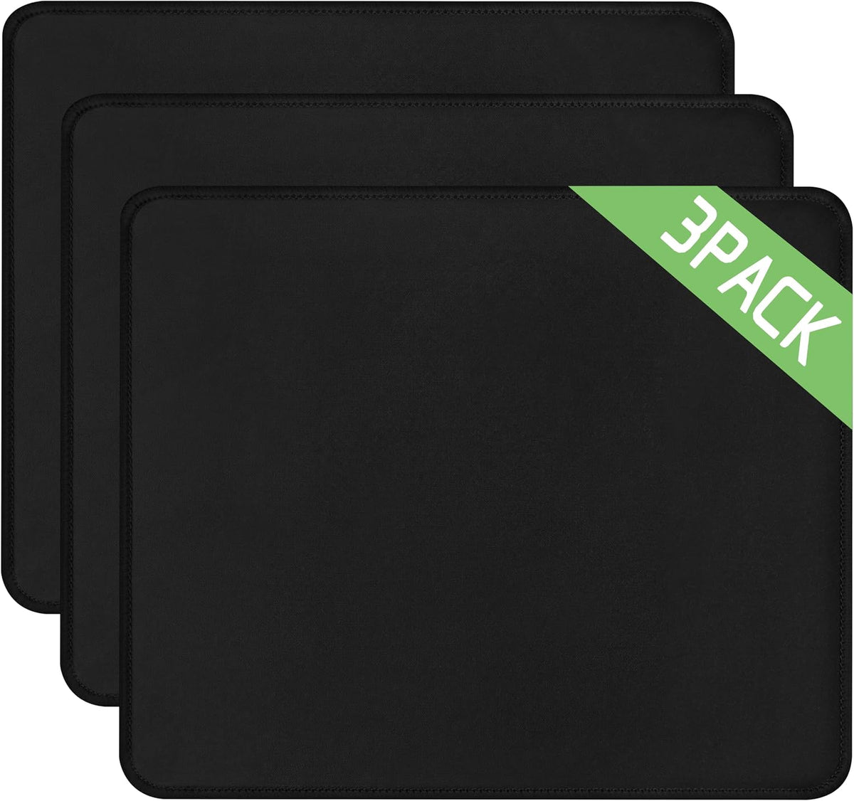 3 Pack Mouse Pad, Stitched Edges and Non-Slip Rubber Base, Black | 10.2 x 8.3 Inch Mousepad with Smooth Surface, Durable Washable Mousepads for Laptop, PC and Office